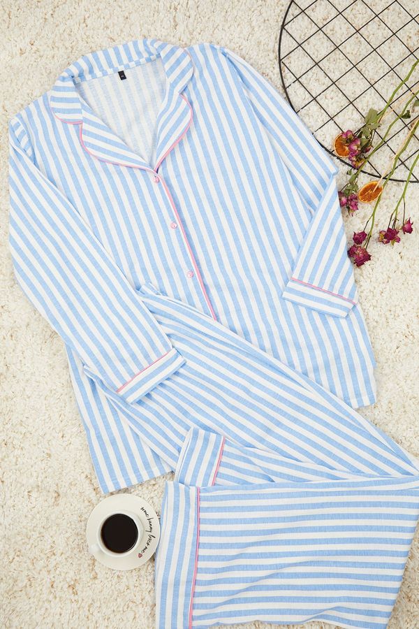 Trendyol Trendyol Curve Blue Striped Piping Shirt Collar Knitted Pajamas Set