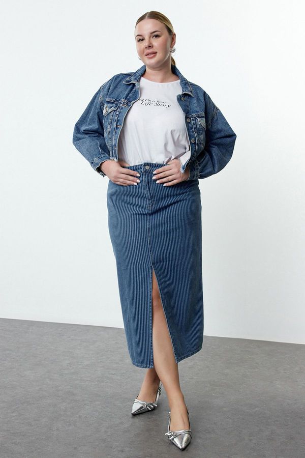 Trendyol Trendyol Curve Blue Striped Slit Long Denim Plus Size Skirt