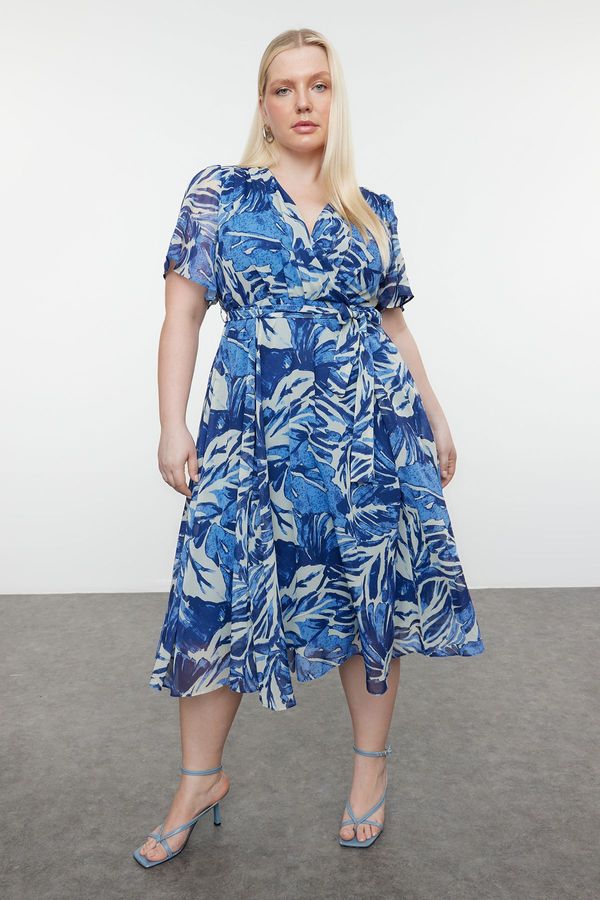 Trendyol Trendyol Curve Blue Tropical Leaf Patterned Chiffon Double Breasted Woven Dress