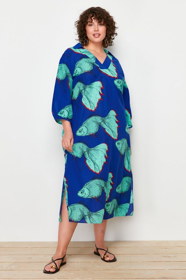 Trendyol Trendyol Curve Blue Underwater Pattern Woven Beach Dress