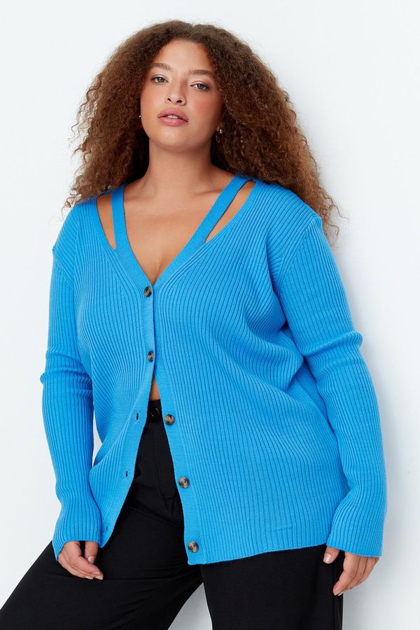 Trendyol Trendyol Curve Blue V-Neck Tape Detailed Knitwear Cardigan with Buttons