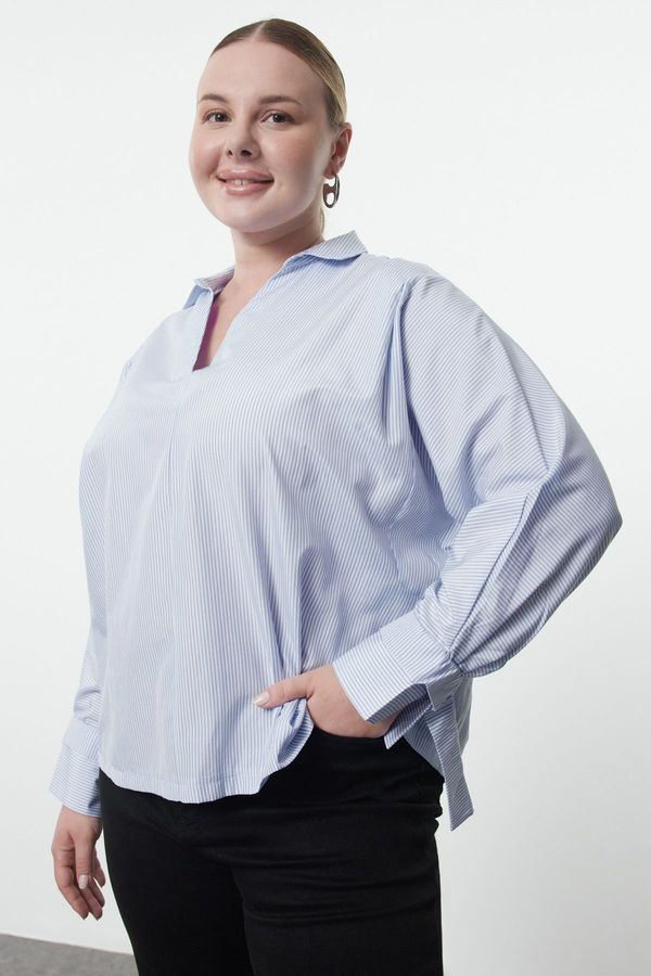 Trendyol Trendyol Curve Blue White Striped Basic Long Sleeve Elastic Back Woven Plus Size Blouse