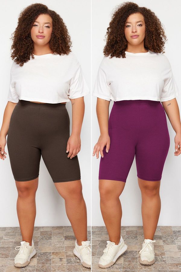 Trendyol Trendyol Curve Brown-Burgundy High Waist 2 Pack Biker Short Length Ribbed Knit Plus Size Leggings