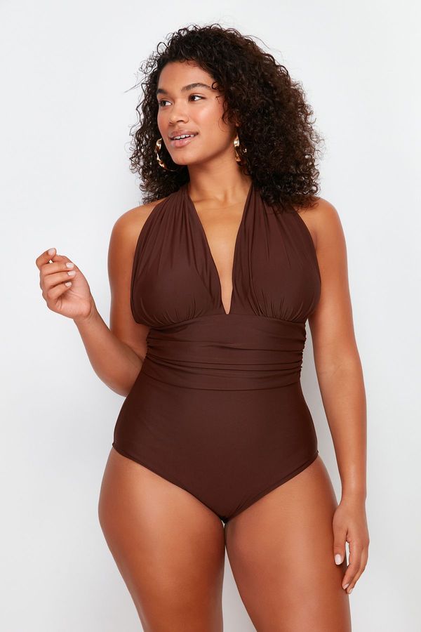 Trendyol Trendyol Curve Brown Deep V Back Crossover Swimsuit