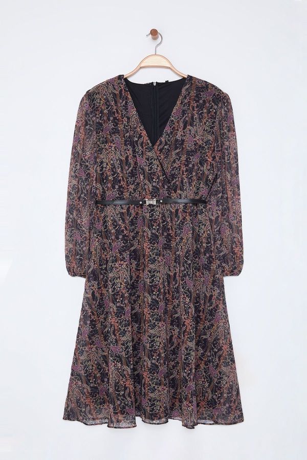 Trendyol Trendyol Curve Brown Floral Belted A-Line Midi Double Breasted Patterned Chiffon Woven Dress