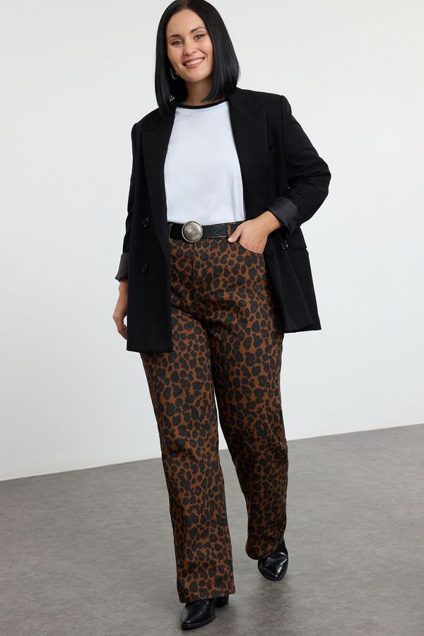 Trendyol Trendyol Curve Brown High Waist Leopard Patterned Straight Fit Plus Size Jeans