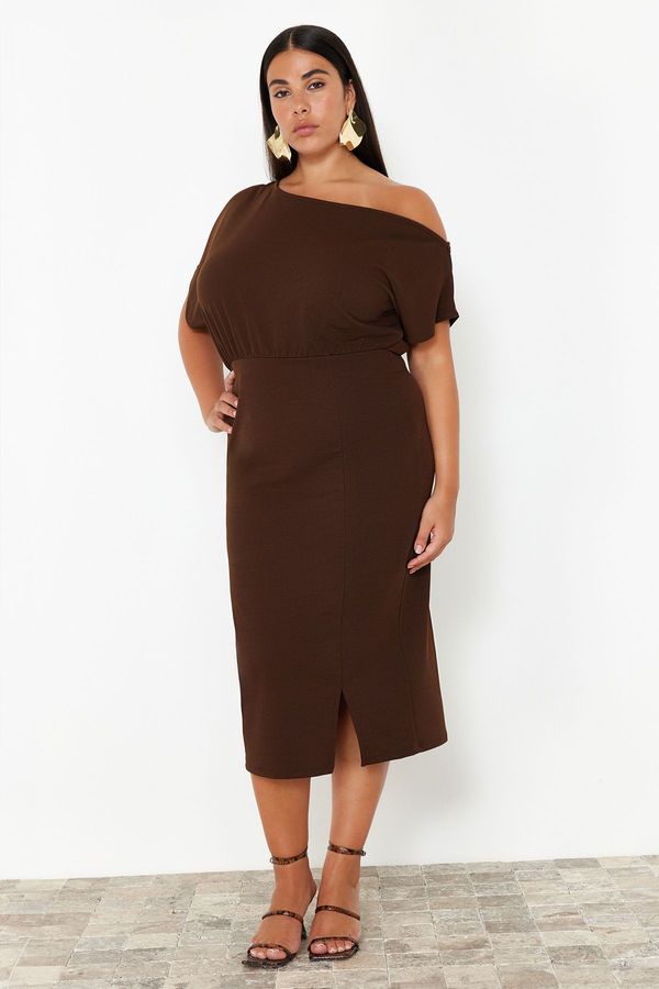Trendyol Trendyol Curve Brown One-Shoulder Midi Knitted Dress