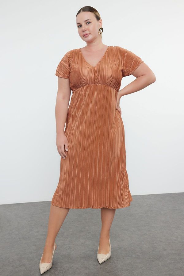 Trendyol Trendyol Curve Brown Reversible Pleated Midi Plus Size Dress