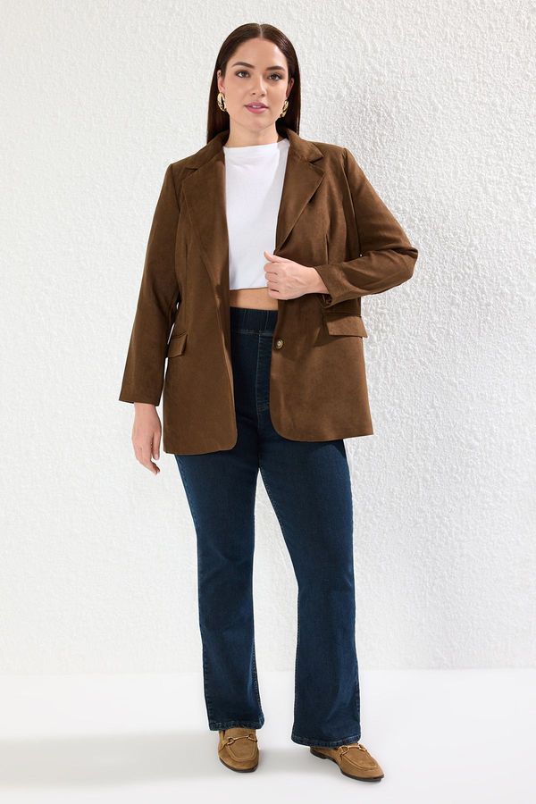 Trendyol Trendyol Curve Brown Suede Woven Plus Size Jacket