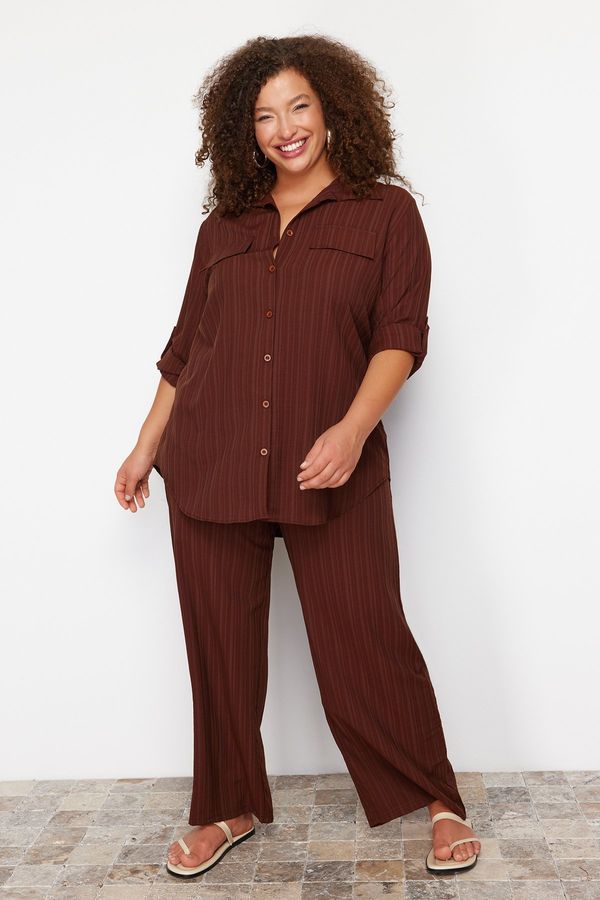 Trendyol Trendyol Curve Brown Textured Button-Woven Shirt-Trousers Plus Size Bottom-Top Set