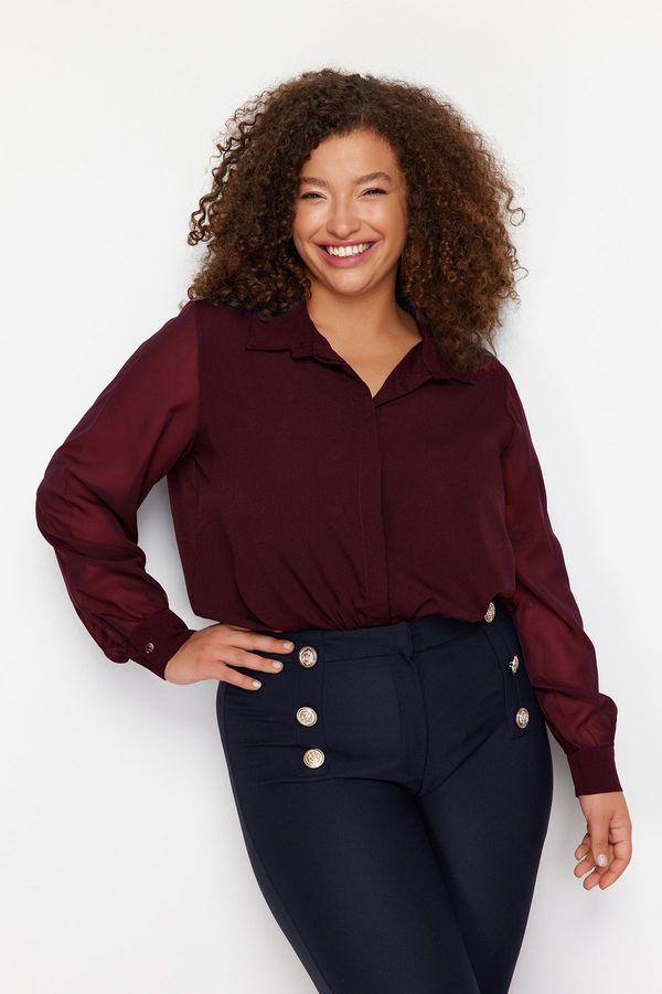 Trendyol Trendyol Curve Burgundy Long Sleeve Buttoned Chiffon Woven Plus Size Shirt