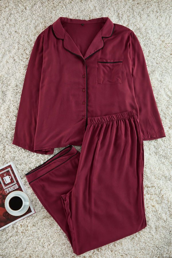 Trendyol Trendyol Curve Burgundy Piped Shirt Collar Woven Pajama Set