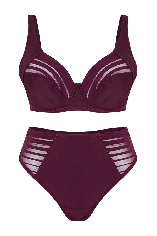 Trendyol Trendyol Curve Burgundy Striped Underwire Cupless Plus Size Lingerie Sets