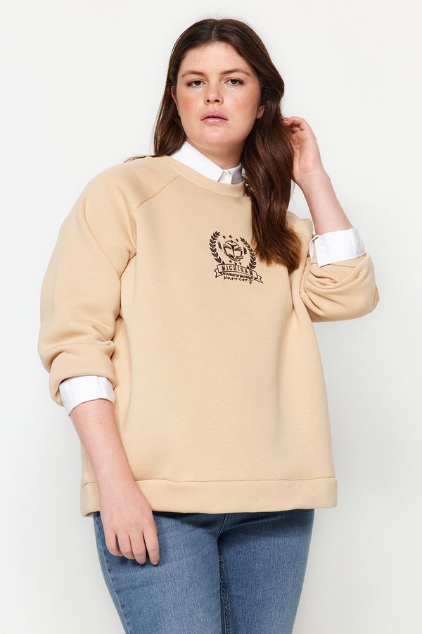 Trendyol Trendyol Curve Camel Thick Fleece Embroidery Detail Knitted Sweatshirt
