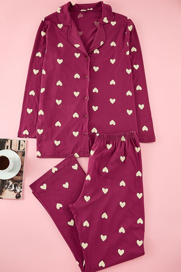 Trendyol Trendyol Curve Cherry Heart Shirt Collar Knitted Pajama Set