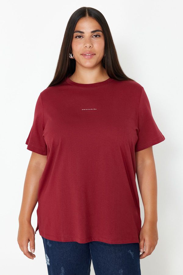 Trendyol Trendyol Curve Claret Red Crew Neck Printed Plus Size Knitted Tshirt