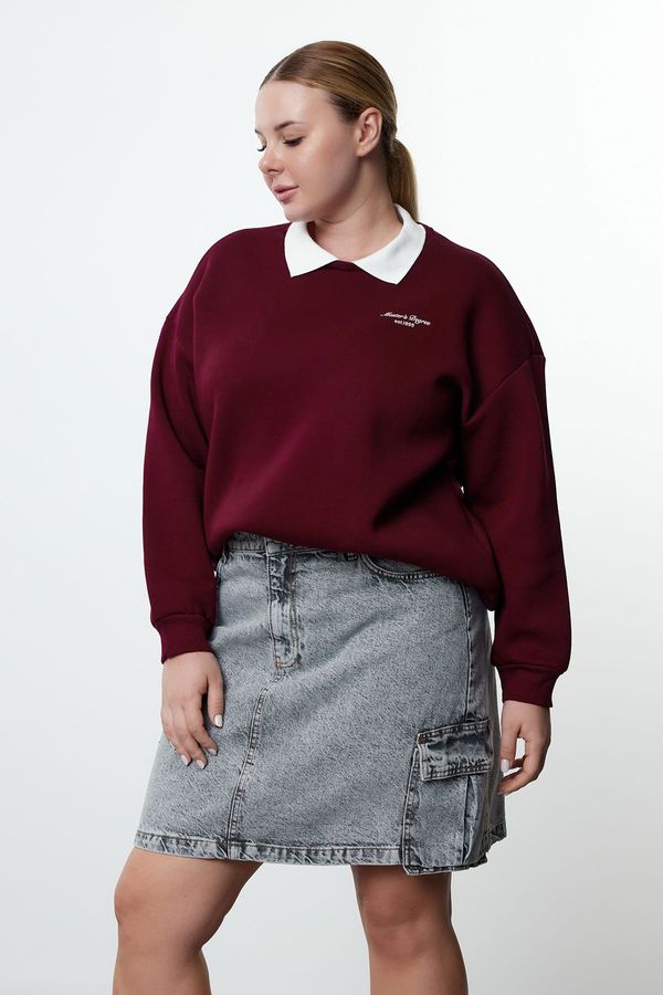 Trendyol Trendyol Curve Claret Red Embroidered Wide Pattern Plus Size Knitted Sweatshirt with Inside Collar