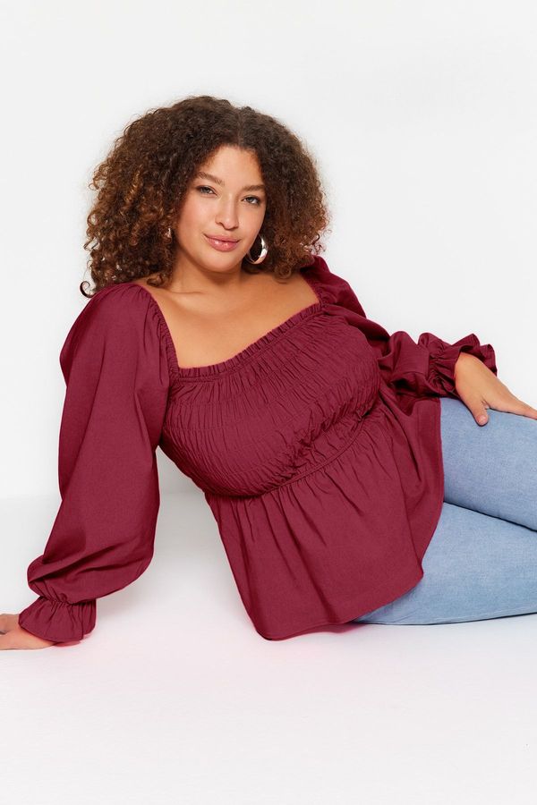 Trendyol Trendyol Curve Claret Red Gimped Woven Plus Size Blouse