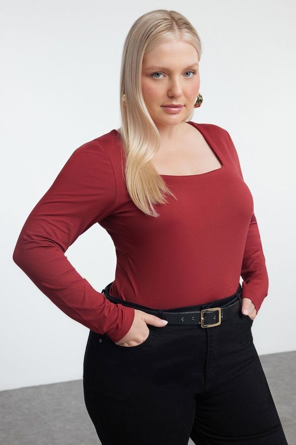 Trendyol Trendyol Curve Claret Red Premium Square Neck Knitted Plus Size Bodysuit