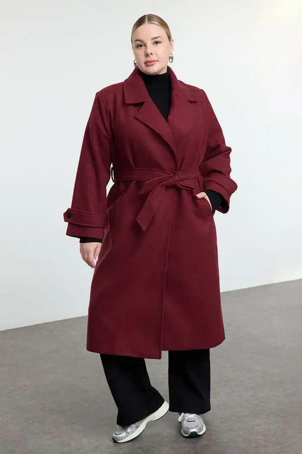 Trendyol Trendyol Curve Claret Red Regular Fit Wide Collar Detailed Long Wool Blend Cashmere Coat