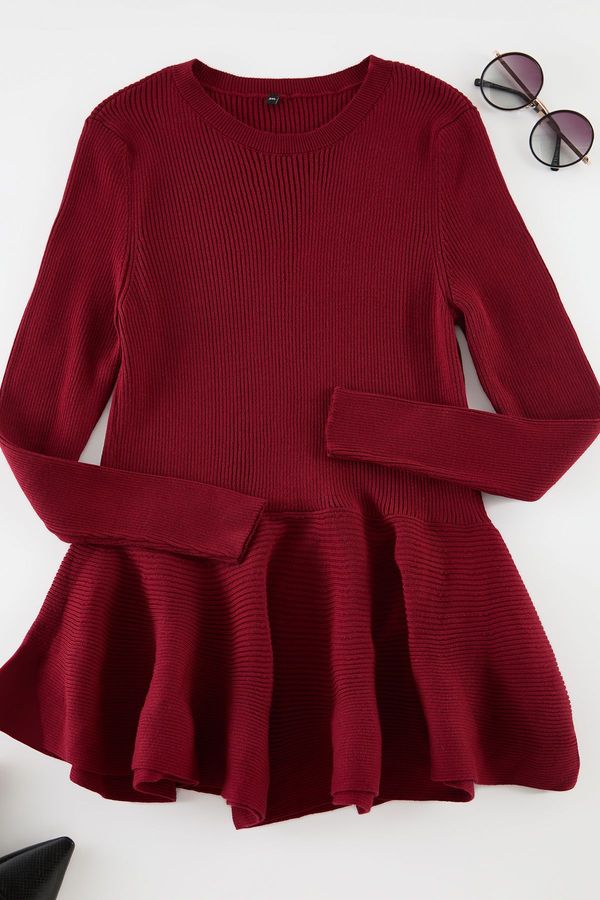 Trendyol Trendyol Curve Claret Red Ribbed Hem Flounced Knitwear Blouse