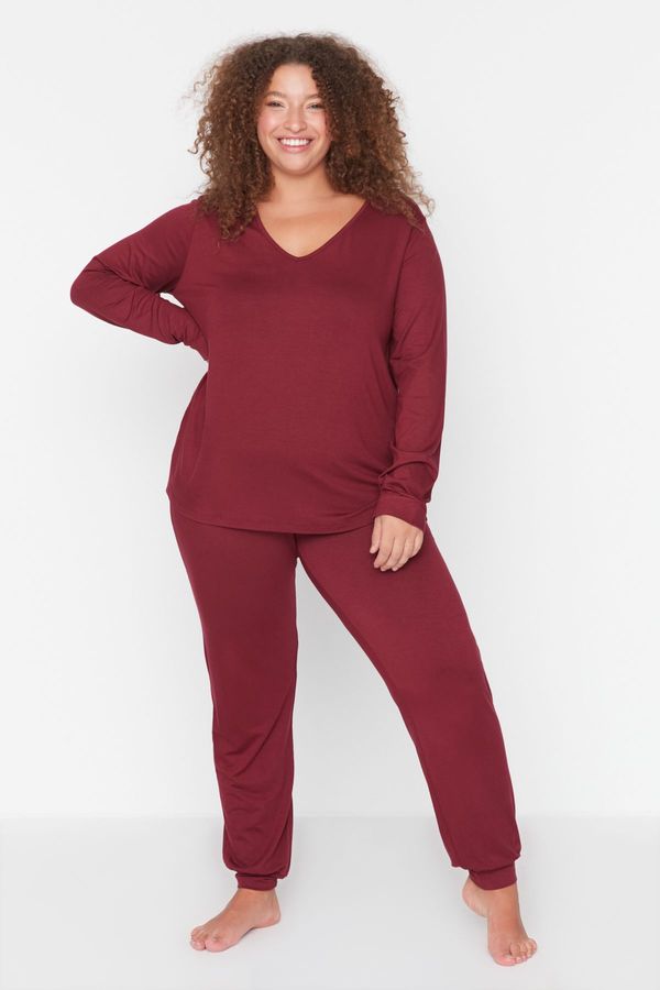 Trendyol Trendyol Curve Claret Red Single Jersey V-Neck Knitted Pajamas Set