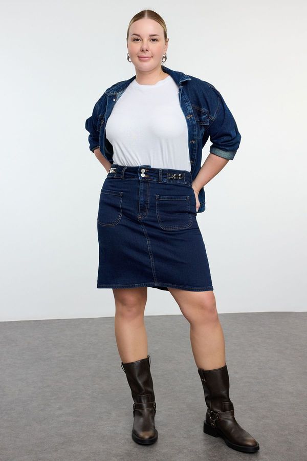 Trendyol Trendyol Curve Dark Blue Aksaur Detailed Denim Plus Size Skirt