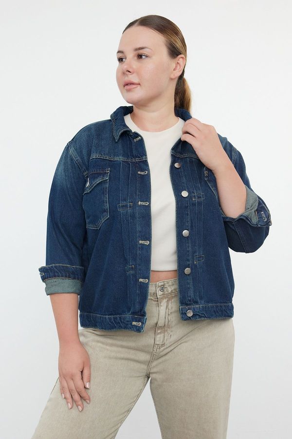 Trendyol Trendyol Curve Dark Blue Heart Detailed Plus Size Denim Jacket