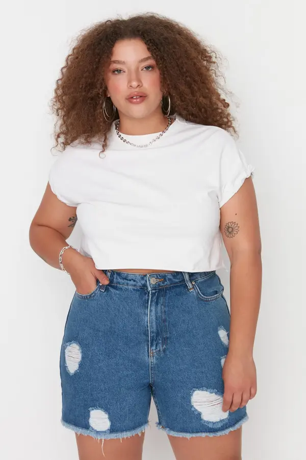 Trendyol Trendyol Curve Dark Blue High Waist Destroyed Denim Shorts &amp; Bermuda