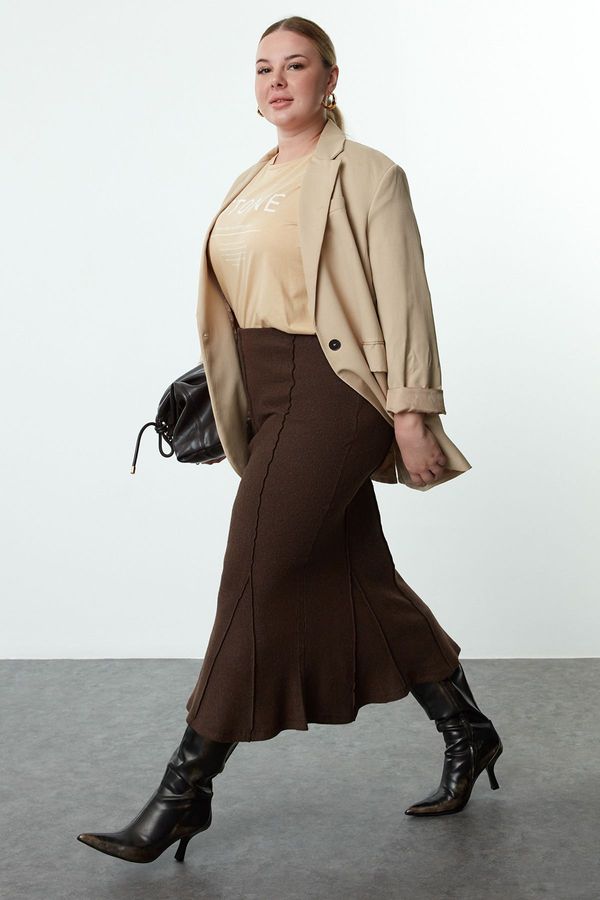 Trendyol Trendyol Curve Dark Brown Knitted Plus Size Skirt