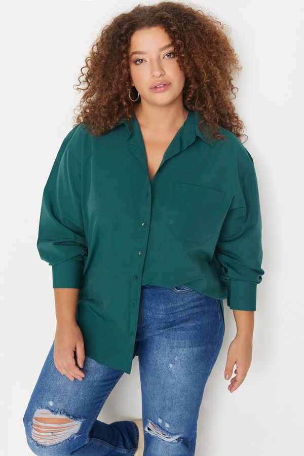 Trendyol Trendyol Curve Dark Green Boyfriend Woven Shirt