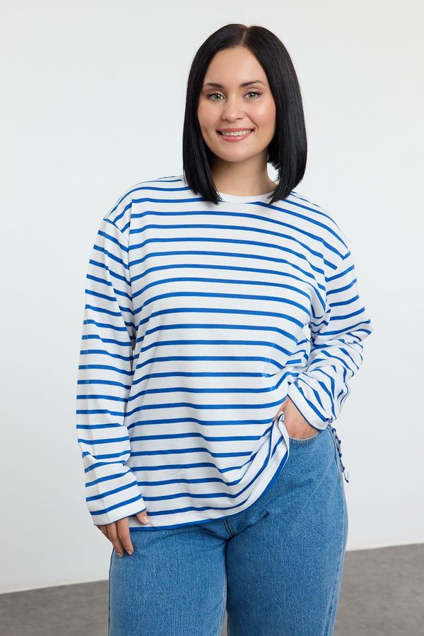 Trendyol Trendyol Curve Ecru Blue Striped Regular/Normal Pattern Crew Neck Knitted Sweatshirt