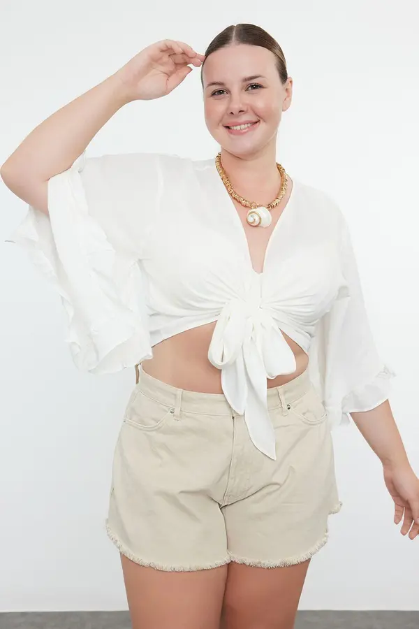 Trendyol Trendyol Curve Ecru Crop Sleeve Ruffle Flounce Double Breasted Neck Beach Wear Blouse