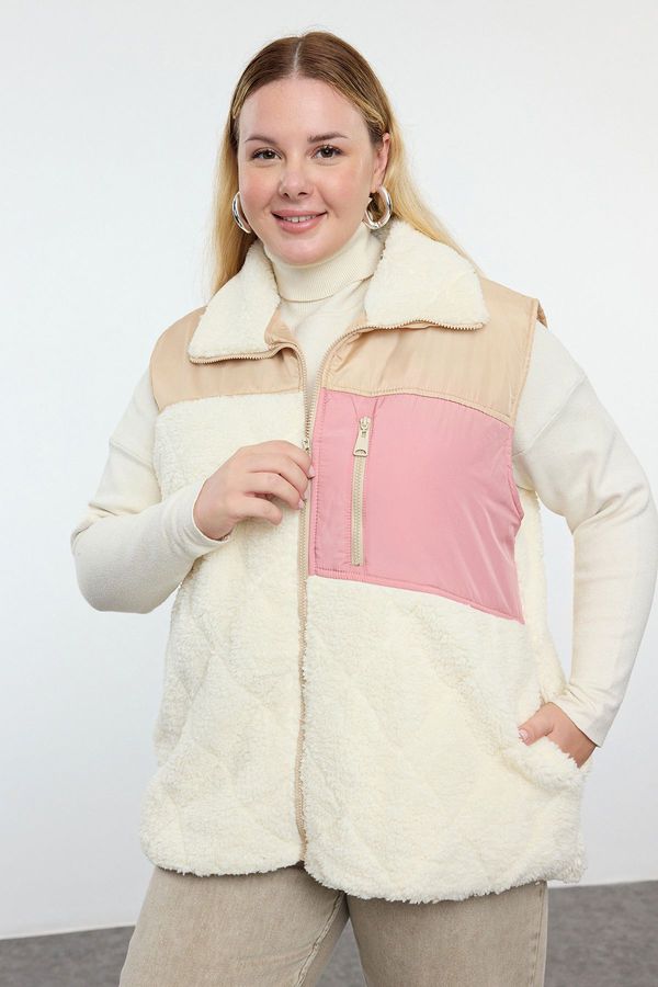 Trendyol Trendyol Curve Ecru Regular Fit Color Block Quilted Plush Vest