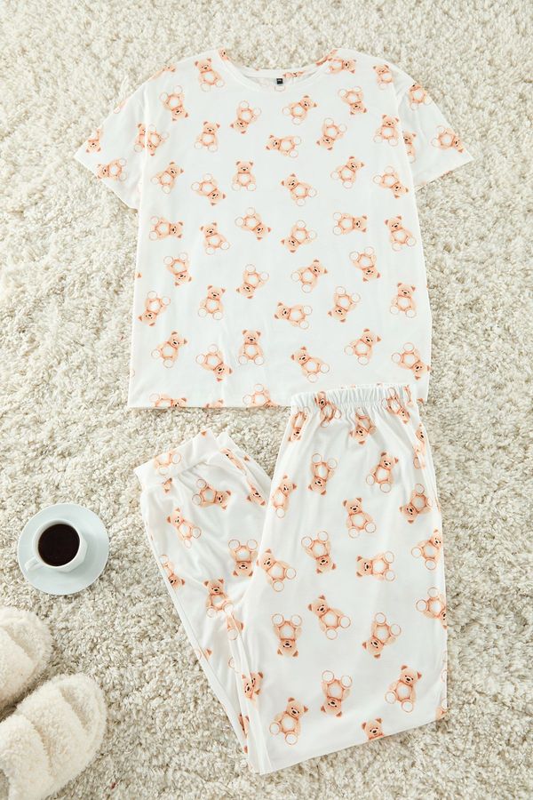 Trendyol Trendyol Curve Ecru Teddy Bear Patterned Jogger Fit Knitted Pajama Set