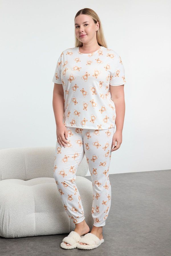 Trendyol Trendyol Curve Ecru Teddy Bear Patterned Jogger Fit Knitted Pajama Set