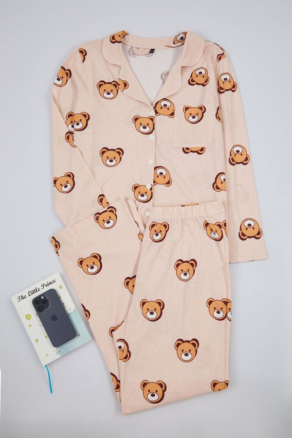 Trendyol Trendyol Curve Ecru Teddy Bear Patterned Shirt Collar Knitted Pajama Set