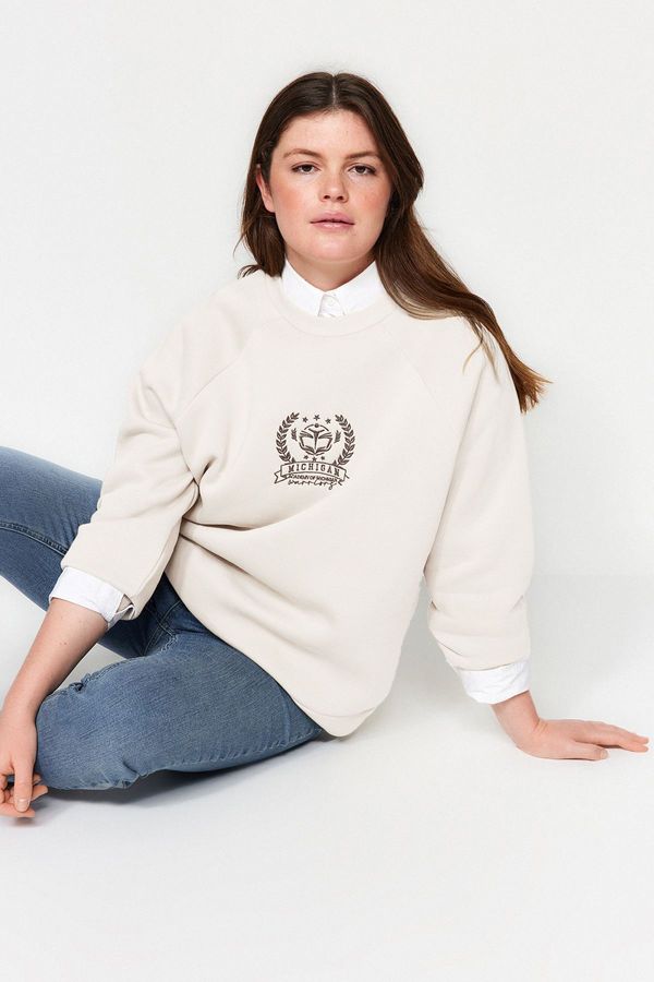 Trendyol Trendyol Curve Ecru Thick Fleece Embroidered Detailed Knitwear Plus Size Sweatshirt