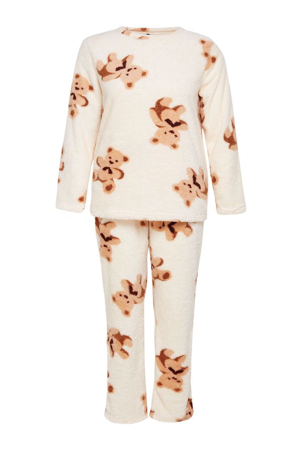 Trendyol Trendyol Curve Ecru Wellsoft/Plush Teddy Bear Patterned Knitted Pajama Set