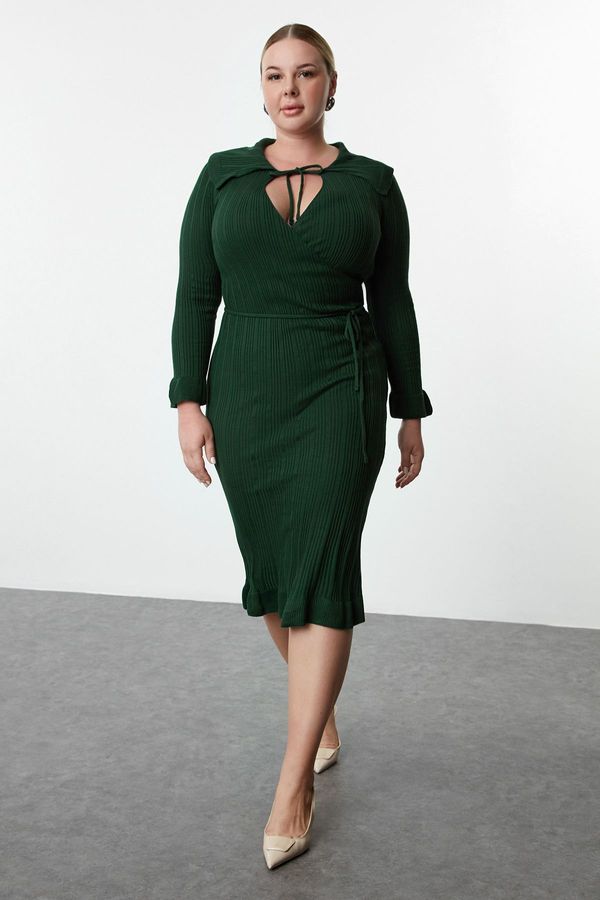 Trendyol Trendyol Curve Emerald Green Corded Shirt Collar Double Breasted Knitwear Dress