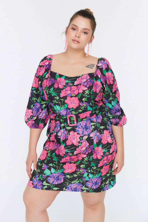 Trendyol Trendyol Curve Floral Patterned Belted Mini Woven Dress