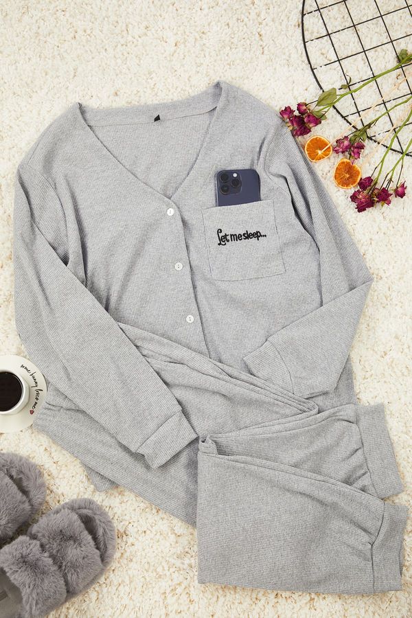 Trendyol Trendyol Curve Gray Corded Embroidered Knitted Pajama Set