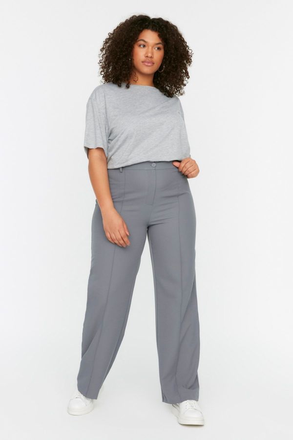 Trendyol Trendyol Curve Gray High Waist Weave Rib Stitching Flared Leg Trousers