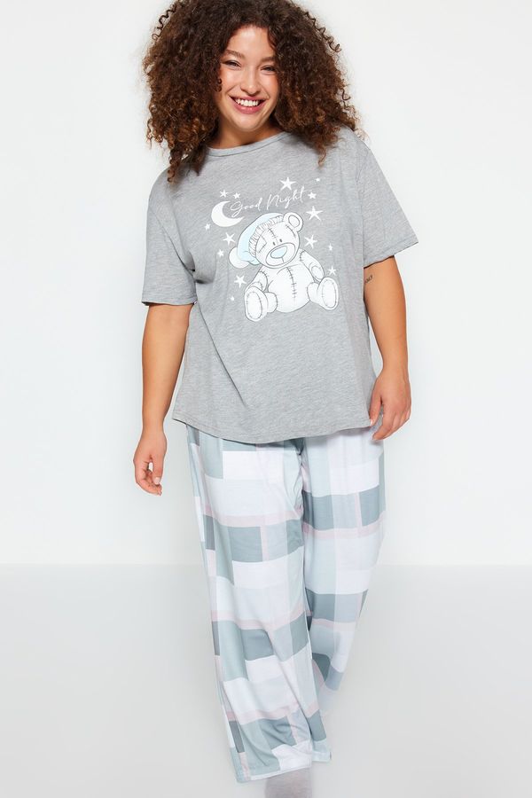 Trendyol Trendyol Curve Gray Printed Checkered Knitted Pajamas Set