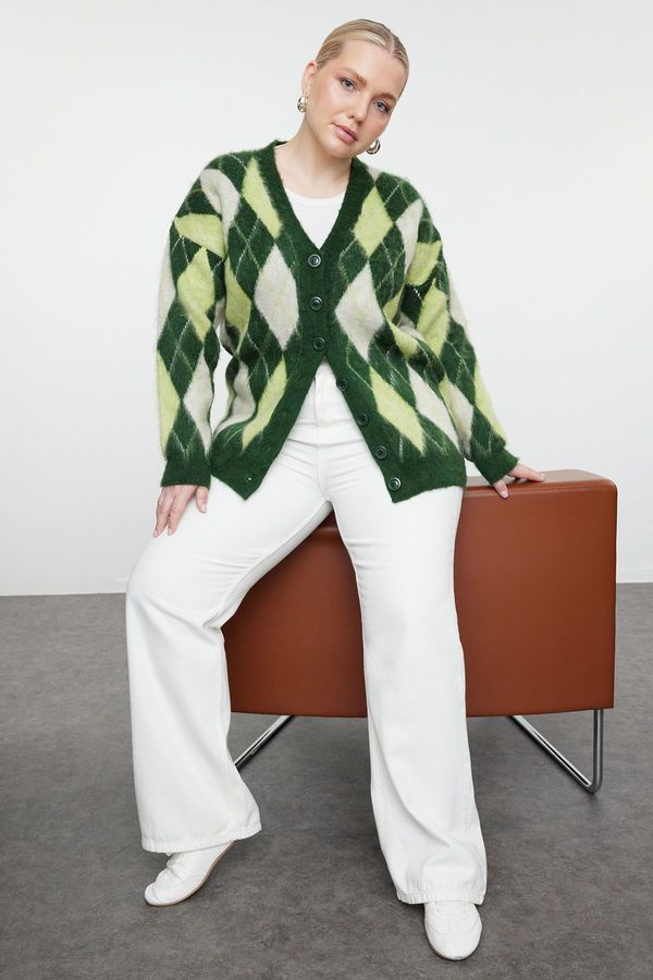 Trendyol Trendyol Curve Green Diamond Patterned V-Neck Knitwear Cardigan