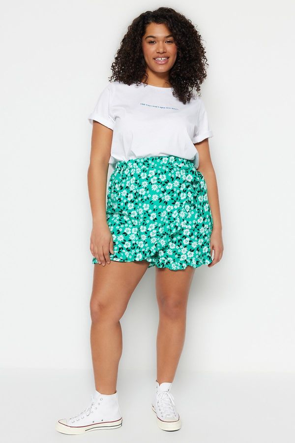 Trendyol Trendyol Curve Green Floral Pattern Woven Tie Short Skirt