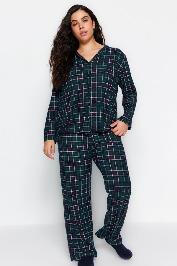 Trendyol Trendyol Curve Green Plaid Shirt Collar Soft Touch Knitted Pajama Set