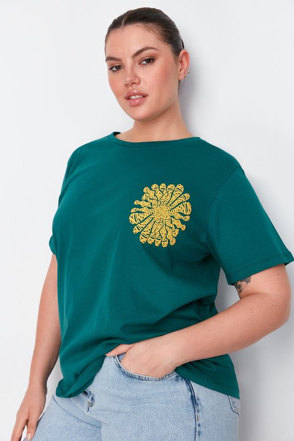 Trendyol Trendyol Curve Green Printed Boyfriend Knitted T-shirt