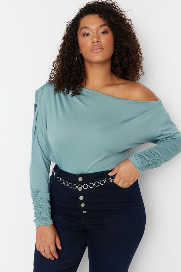 Trendyol Trendyol Curve Green Scuba Shoulder Detailed Stretch Knitted Blouse