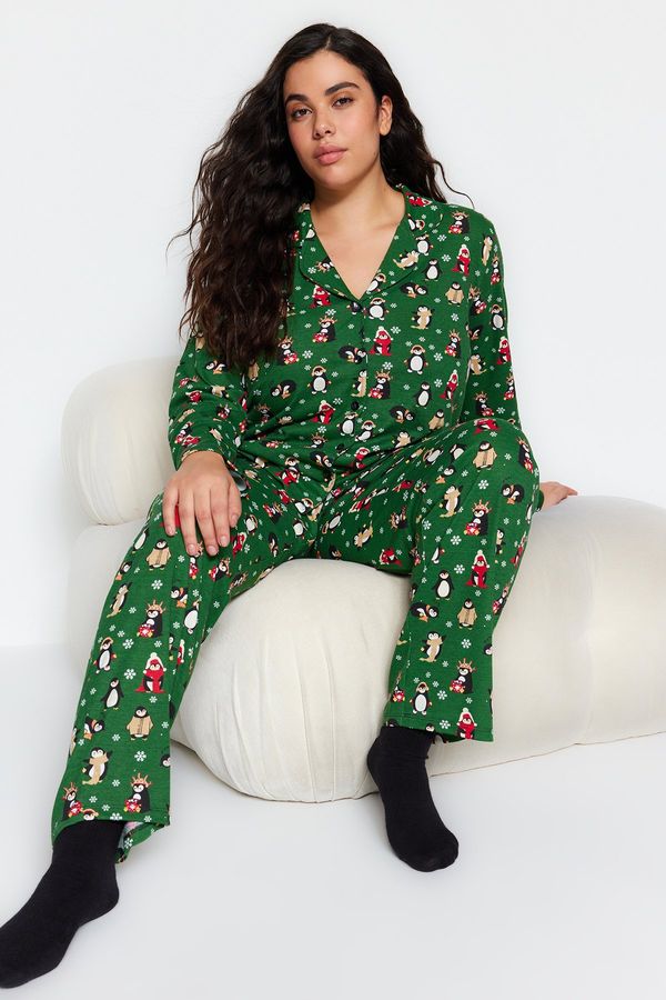 Trendyol Trendyol Curve Green Shirt Collar New Year Themed Knitted Pajama Set